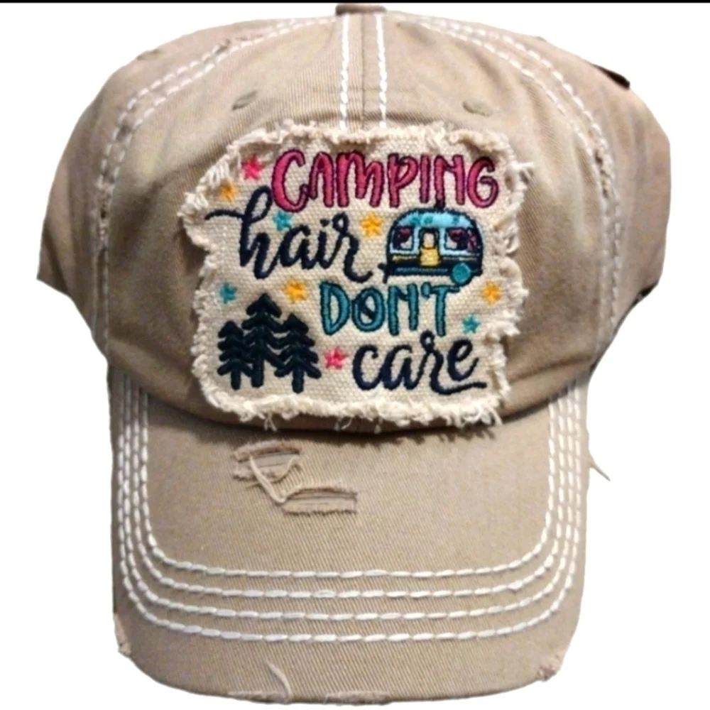 Camping Hair Don't Care Distressed Cap NWT
